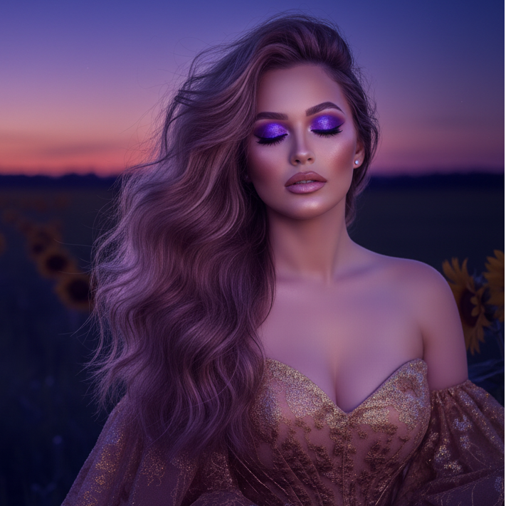 Ema Arius in a field wearing a gold gown.