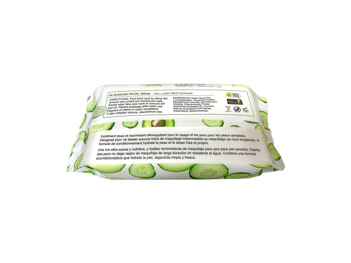 Pack of wipes with cucumber slices on a white background
