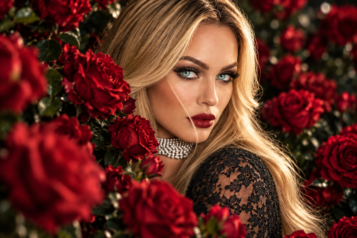 Ema Arius with blue eyes wearing a black lace top and a pearl choker, surrounded by red roses.