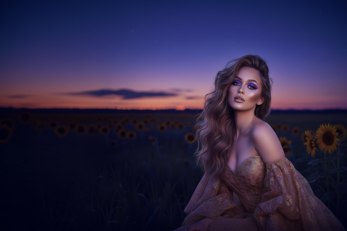 Ema in a sunflower field wearing a gold gown.
