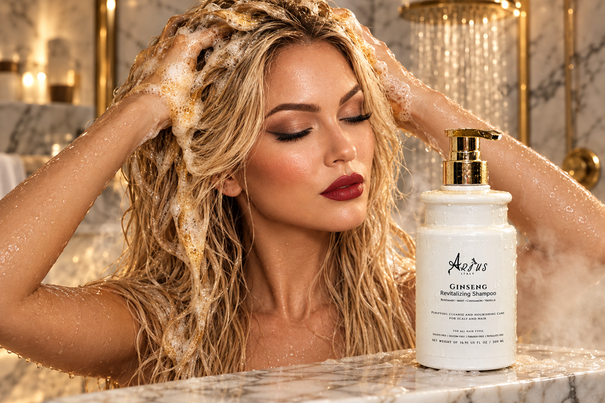 Ema Arius massaging Ginseng Shampoo through wet hair