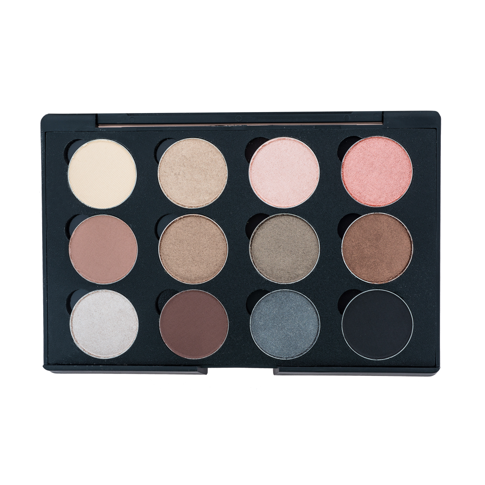 Makeup palette with various shades of eyeshadow on a white background