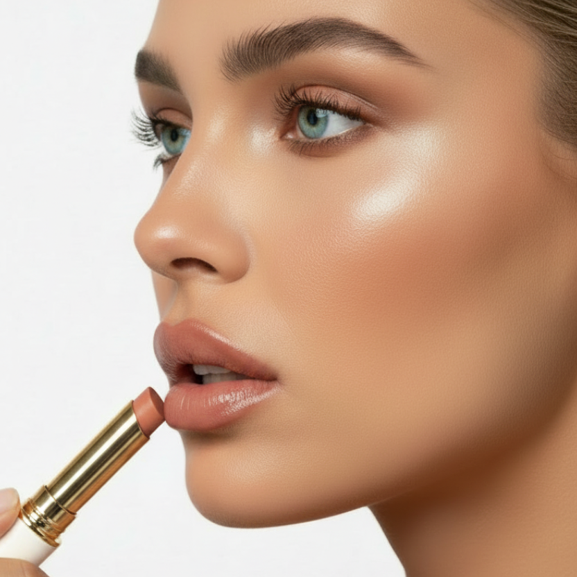 Close-up of a woman applying a mauve pink lipstick with a gold tube to her lips against a clean white background.