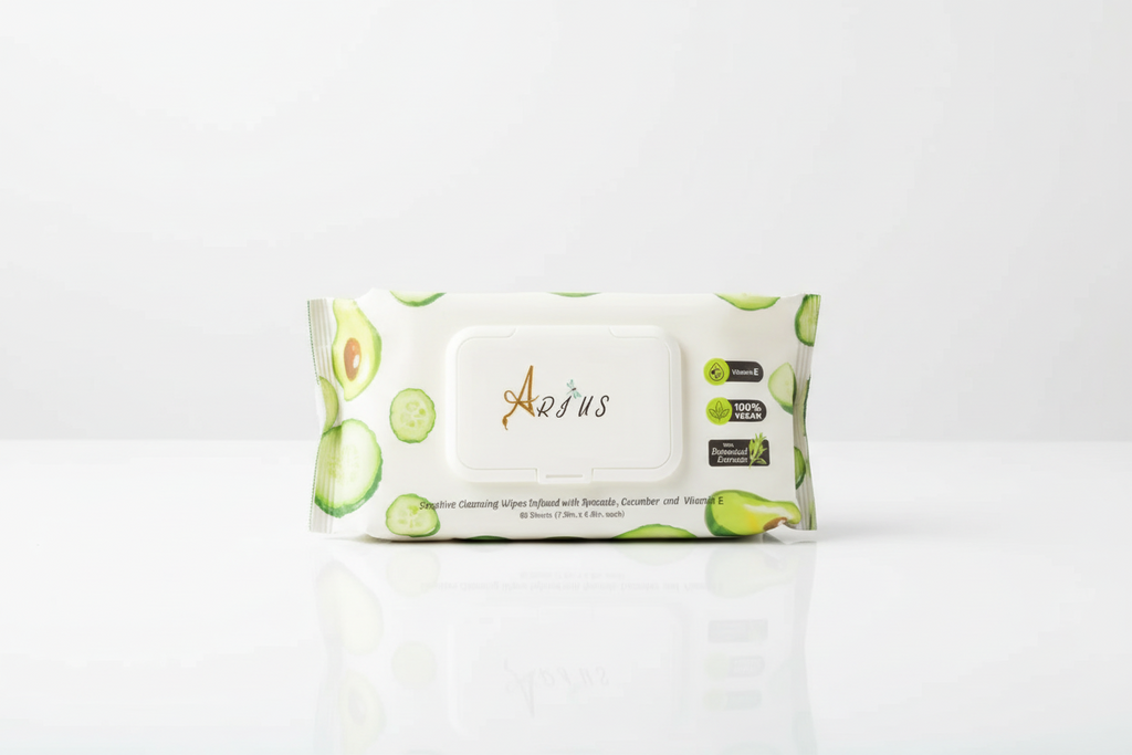 Pack of Arius wipes with avocado and cucumber design on a white background